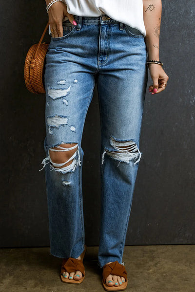 Distressed High-Waisted Denim Jeans